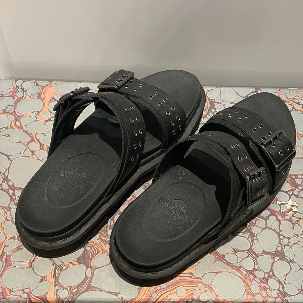 Dr. Martens Airwave Softwair Platform Sandal Grommet Buckle Black gunmetal grey